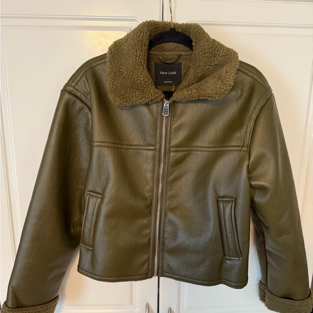 Olive Green Faux Leather Jacket with Shearling Collar
